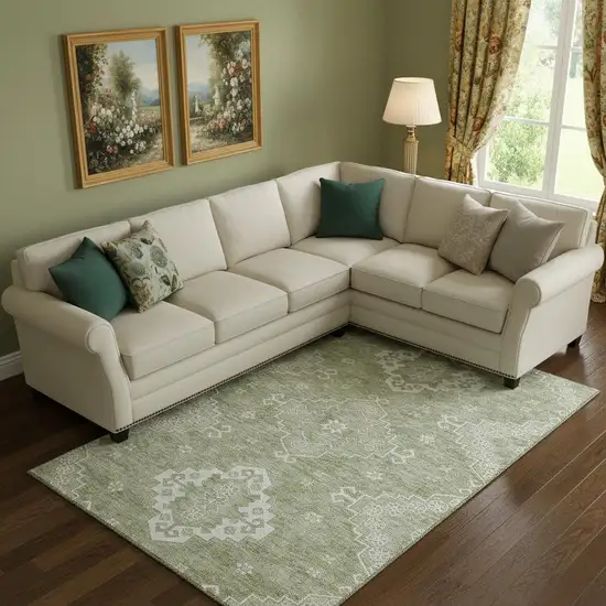 Artichoke Green And Ivory Medallion Washable Area Rug With UV Protection Photo 1