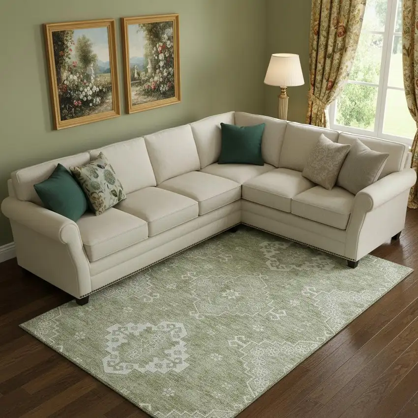 Artichoke Green And Ivory Medallion Washable Area Rug With UV Protection Photo 1