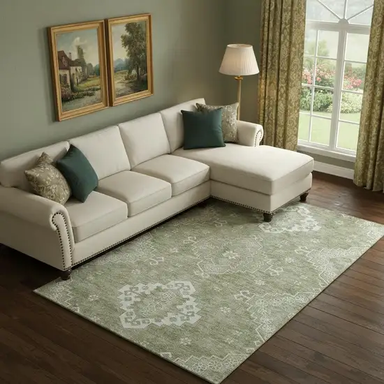 Artichoke Green And Ivory Medallion Washable Area Rug With UV Protection Photo 1