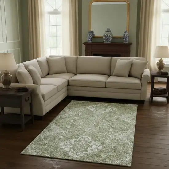 Artichoke Green And Ivory Medallion Washable Area Rug With UV Protection Photo 2