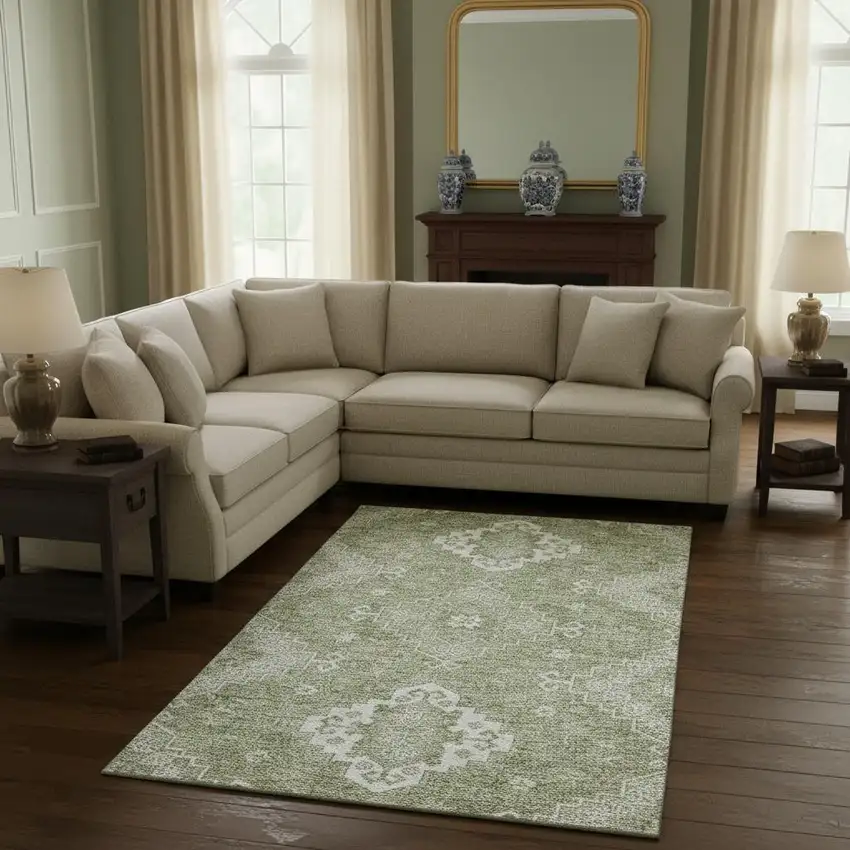 Artichoke Green And Ivory Medallion Washable Area Rug With UV Protection Photo 2