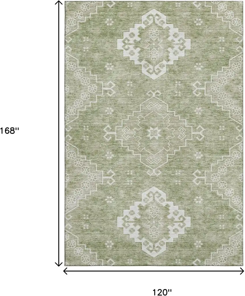Artichoke Green And Ivory Medallion Washable Area Rug With UV Protection Photo 3