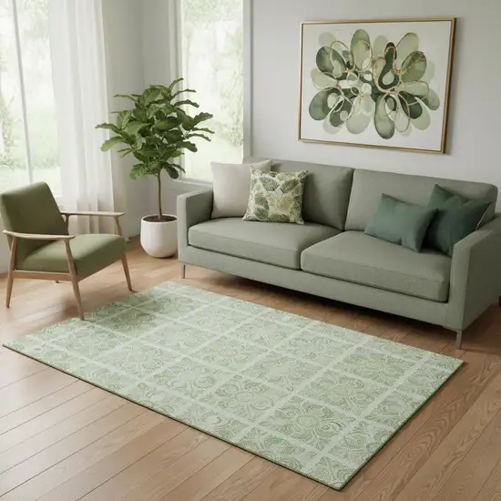 Artichoke Green And Ivory Medallion Washable Area Rug With UV Protection Photo 1