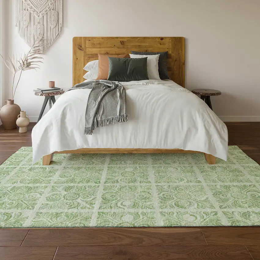 Artichoke Green And Ivory Medallion Washable Area Rug With UV Protection Photo 6