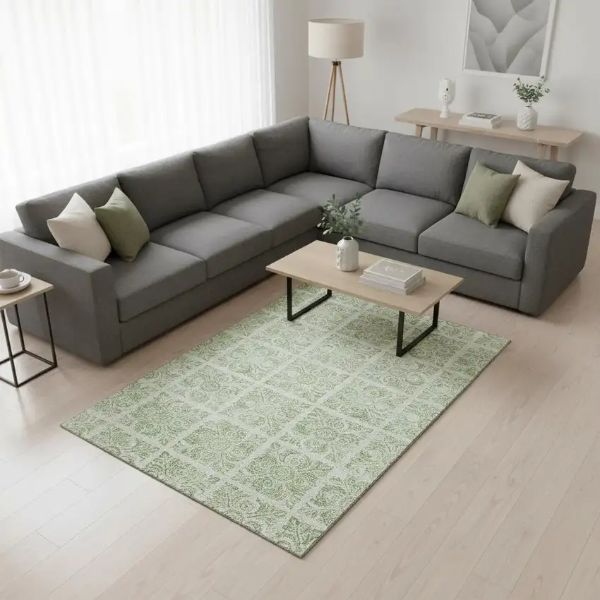 Artichoke Green And Ivory Medallion Washable Area Rug With UV Protection Photo 2