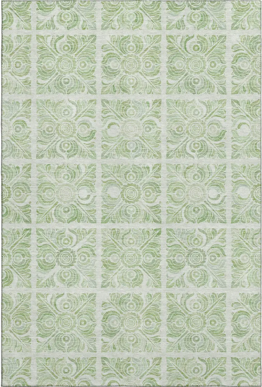 Artichoke Green And Ivory Medallion Washable Area Rug With UV Protection Photo 1