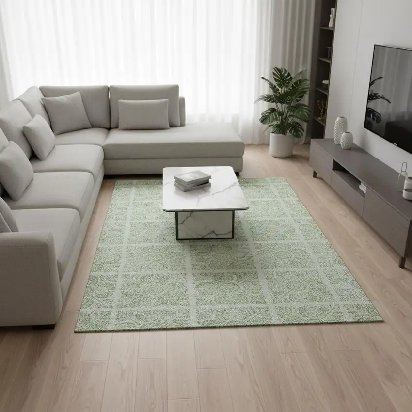 Artichoke Green And Ivory Medallion Washable Area Rug With UV Protection Photo 2