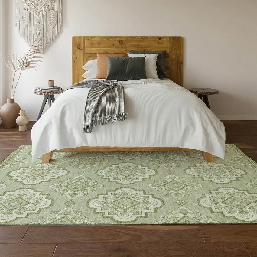 Artichoke Green And Ivory Medallion Washable Area Rug With UV Protection Photo 6