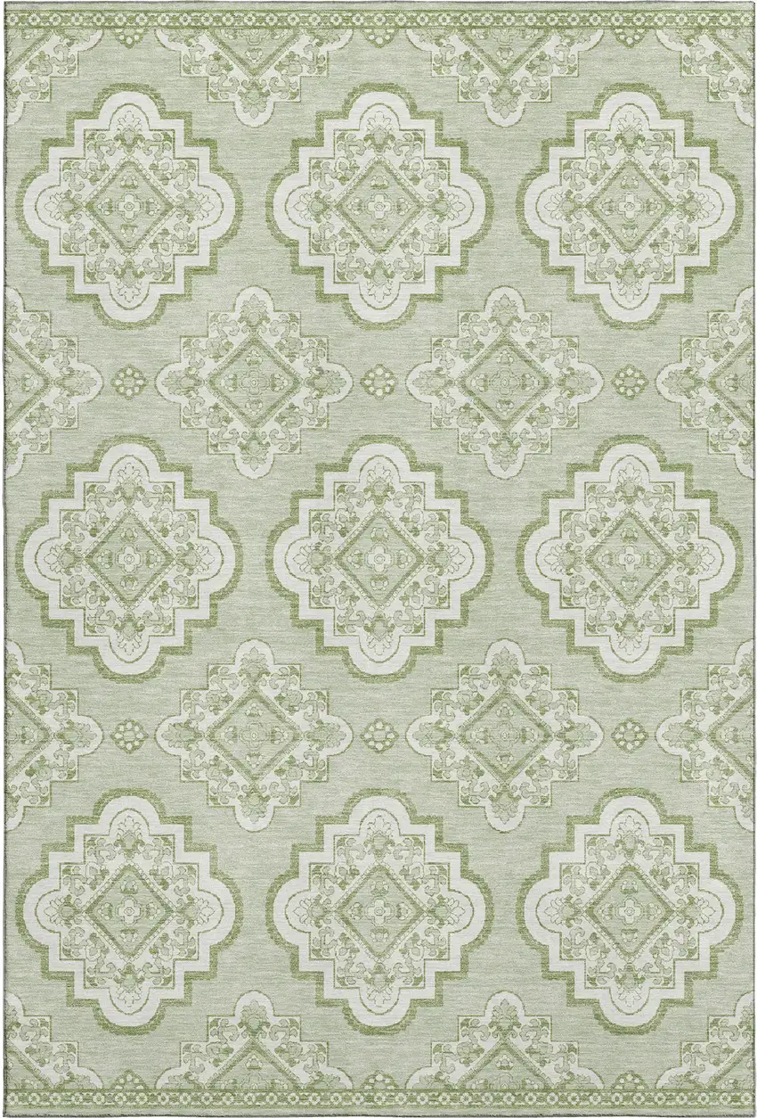 Artichoke Green And Ivory Medallion Washable Area Rug With UV Protection Photo 1
