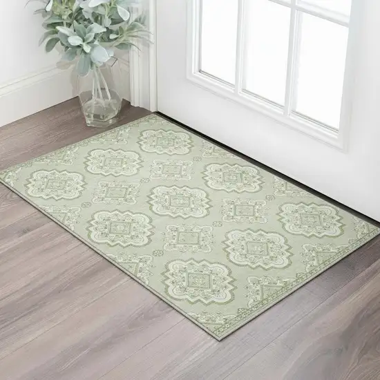 Artichoke Green And Ivory Medallion Washable Area Rug With UV Protection Photo 2