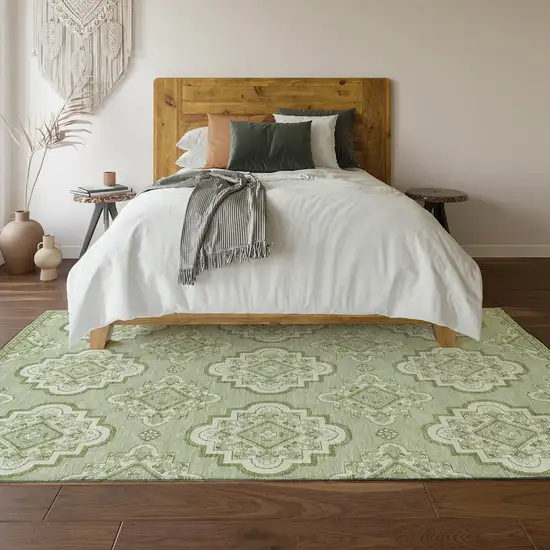 Artichoke Green And Ivory Medallion Washable Area Rug With UV Protection Photo 6