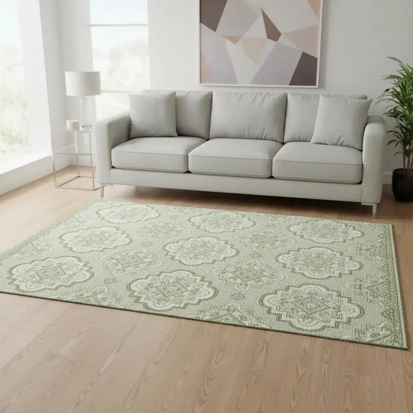 Artichoke Green And Ivory Medallion Washable Area Rug With UV Protection Photo 2