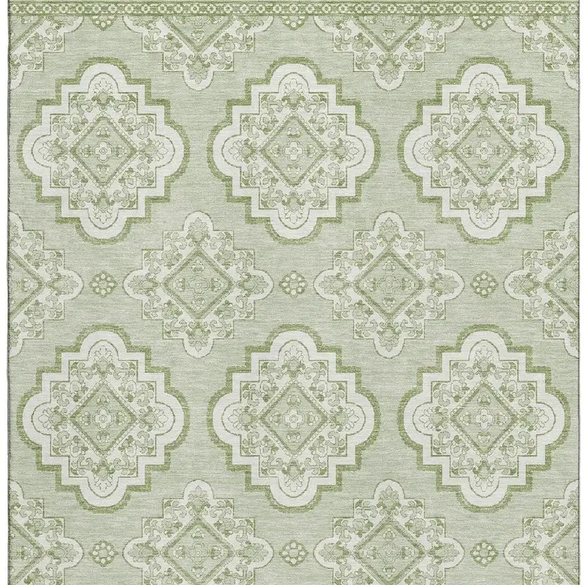 Artichoke Green And Ivory Medallion Washable Area Rug With UV Protection Photo 3