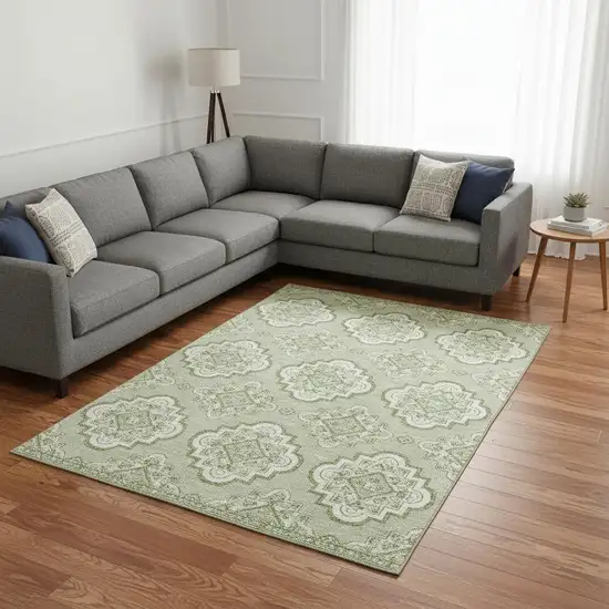 Artichoke Green And Ivory Medallion Washable Area Rug With UV Protection Photo 2