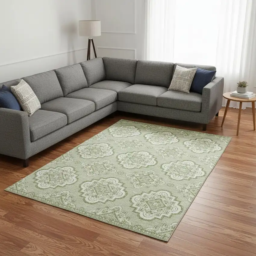 Artichoke Green And Ivory Medallion Washable Area Rug With UV Protection Photo 2