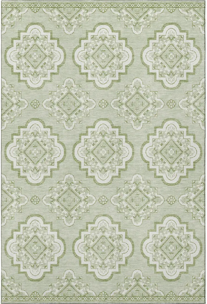 Artichoke Green And Ivory Medallion Washable Area Rug With UV Protection Photo 4