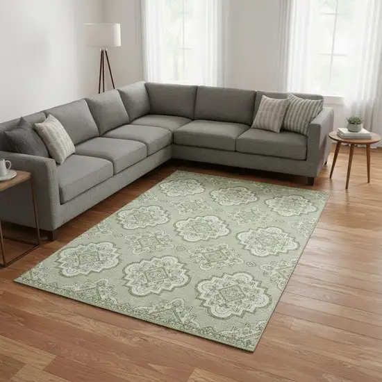Artichoke Green And Ivory Medallion Washable Area Rug With UV Protection Photo 2