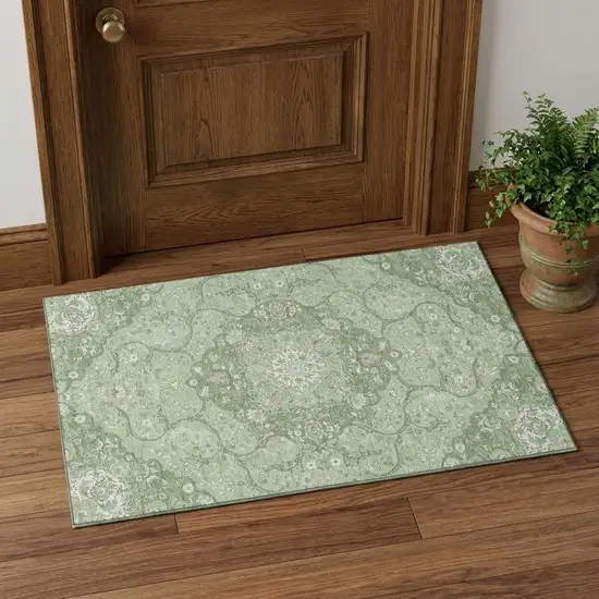 Artichoke Green And Ivory Medallion Washable Area Rug With UV Protection Photo 1