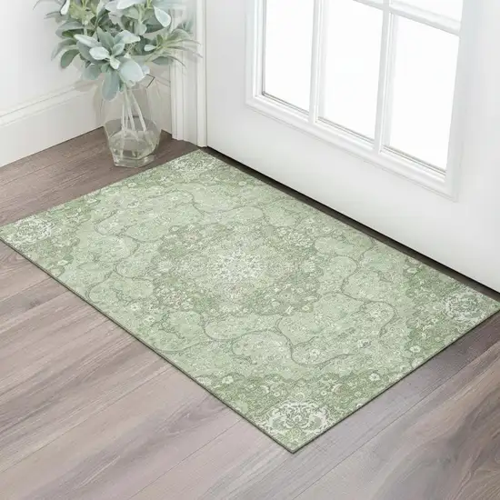 Artichoke Green And Ivory Medallion Washable Area Rug With UV Protection Photo 2