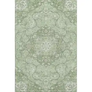 Photo of Artichoke Green And Ivory Medallion Washable Area Rug With UV Protection