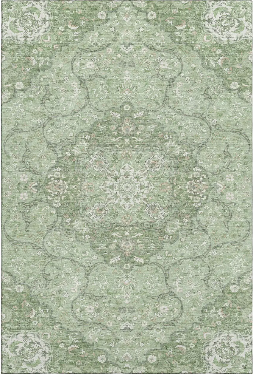 Artichoke Green And Ivory Medallion Washable Area Rug With UV Protection Photo 1