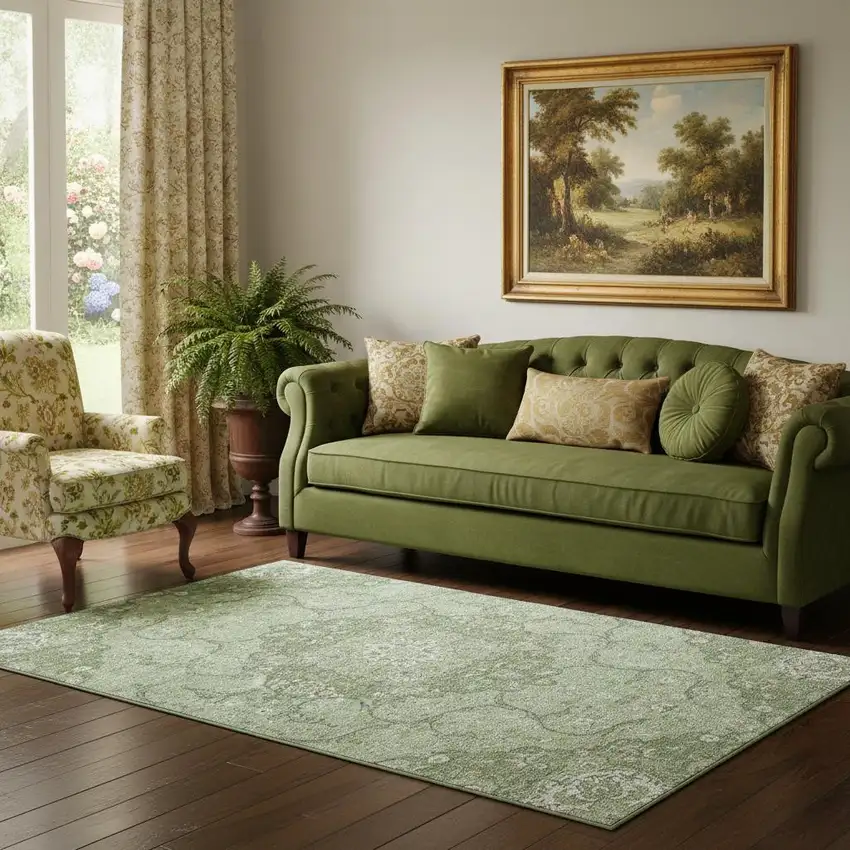 Artichoke Green And Ivory Medallion Washable Area Rug With UV Protection Photo 2