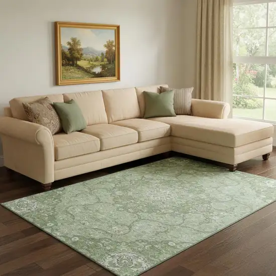 Artichoke Green And Ivory Medallion Washable Area Rug With UV Protection Photo 2