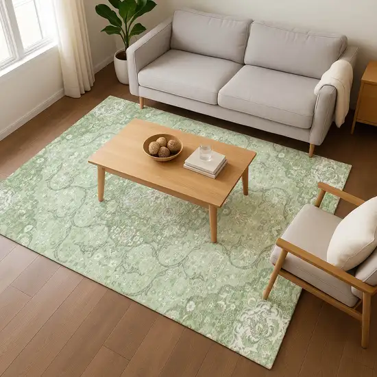 Artichoke Green And Ivory Medallion Washable Area Rug With UV Protection Photo 5
