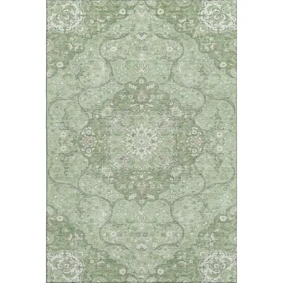 Artichoke Green And Ivory Medallion Washable Area Rug With UV Protection Photo 1