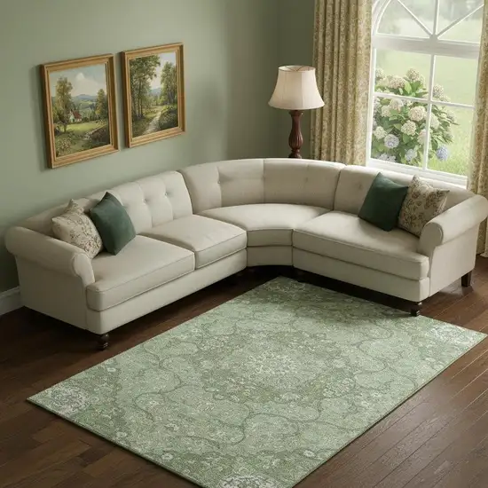 Artichoke Green And Ivory Medallion Washable Area Rug With UV Protection Photo 2