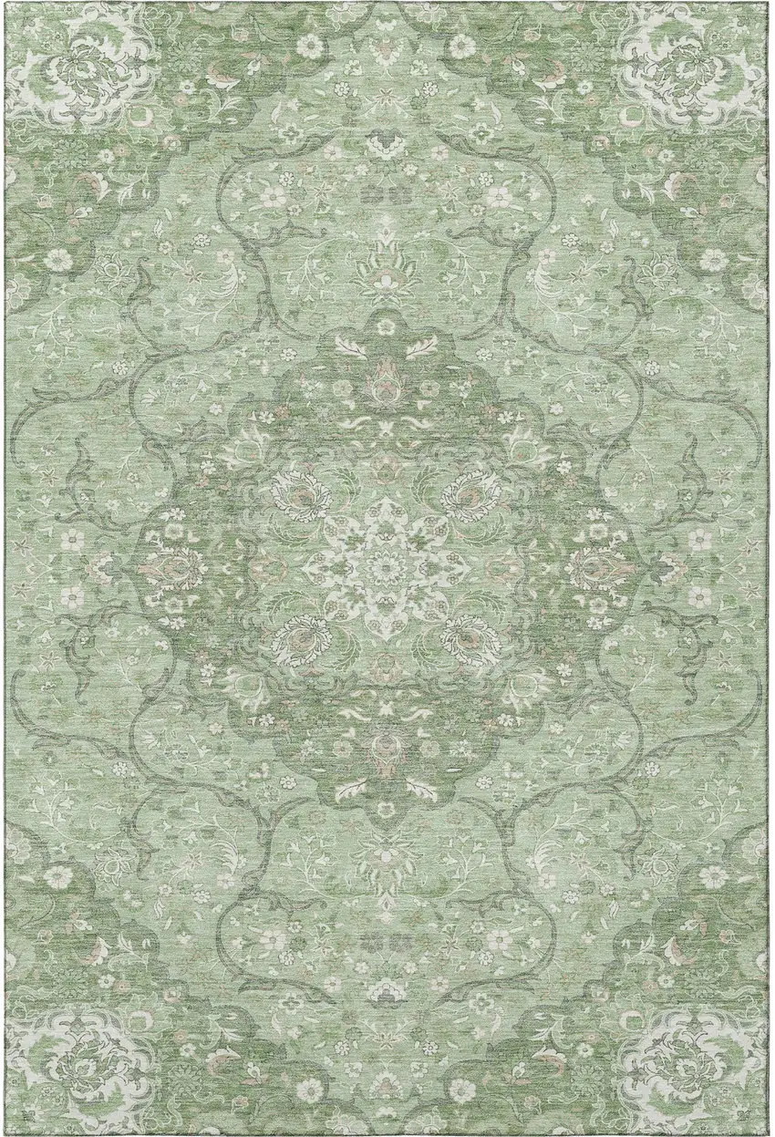 Artichoke Green And Ivory Medallion Washable Area Rug With UV Protection Photo 3