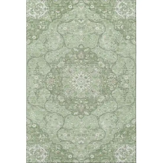 Artichoke Green And Ivory Medallion Washable Area Rug With UV Protection Photo 3