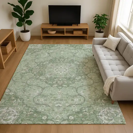 Artichoke Green And Ivory Medallion Washable Area Rug With UV Protection Photo 5
