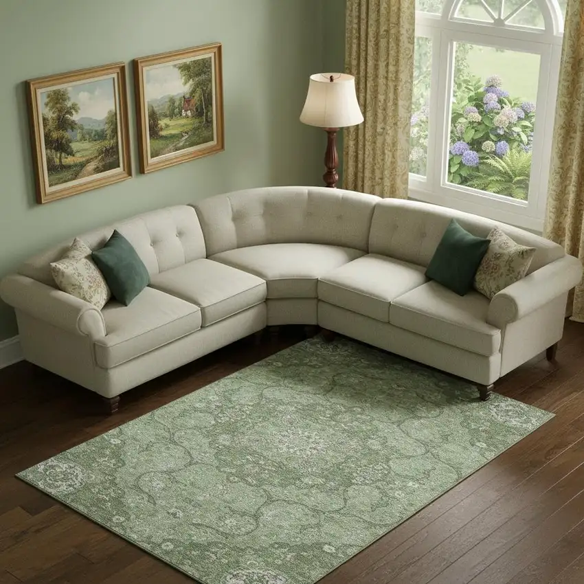 Artichoke Green And Ivory Medallion Washable Area Rug With UV Protection Photo 2