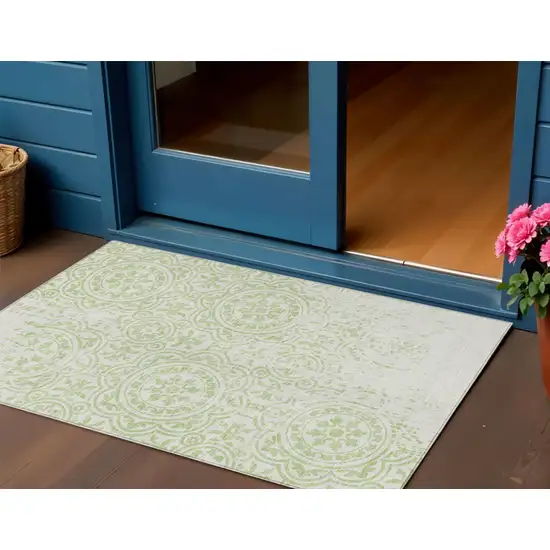 Artichoke Green And Ivory Medallion Washable Indoor Outdoor Area Rug Photo 1