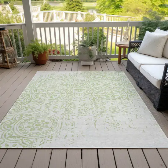 Artichoke Green And Ivory Medallion Washable Indoor Outdoor Area Rug Photo 6