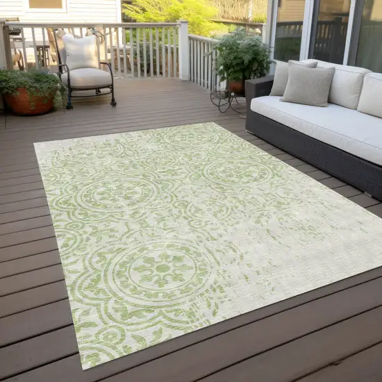Artichoke Green And Ivory Medallion Washable Indoor Outdoor Area Rug Photo 9