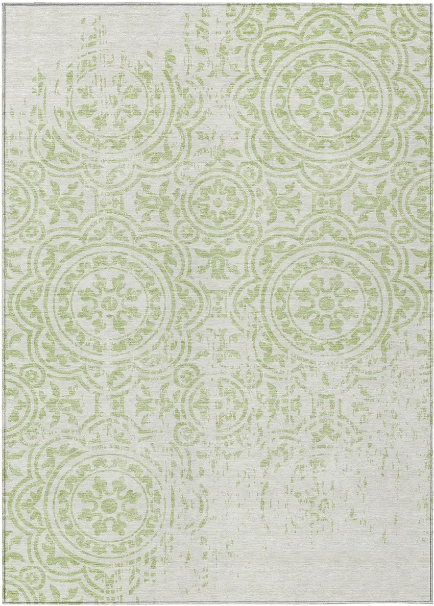 Artichoke Green And Ivory Medallion Washable Indoor Outdoor Area Rug Photo 1