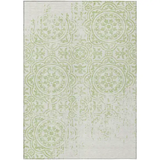Artichoke Green And Ivory Medallion Washable Indoor Outdoor Area Rug Photo 1