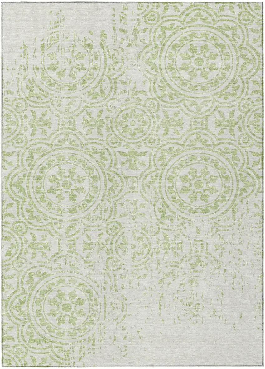 Artichoke Green And Ivory Medallion Washable Indoor Outdoor Area Rug Photo 1