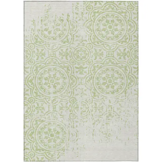 Artichoke Green And Ivory Medallion Washable Indoor Outdoor Area Rug Photo 1