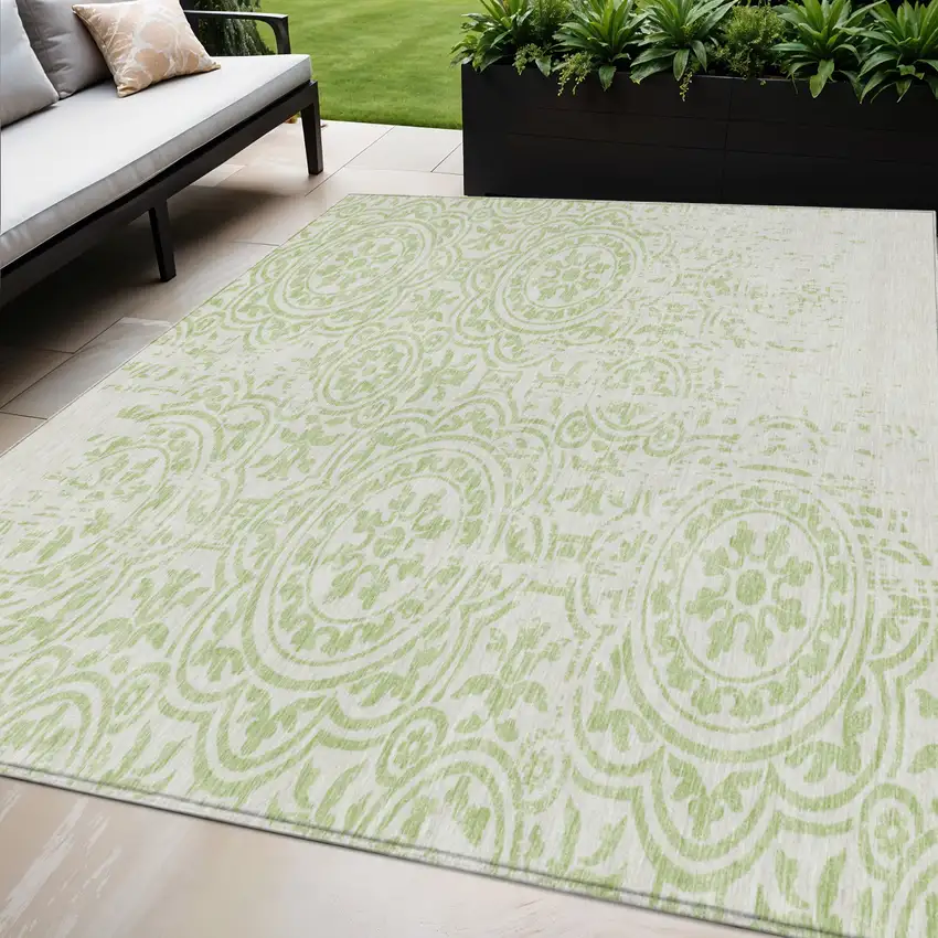 Artichoke Green And Ivory Medallion Washable Indoor Outdoor Area Rug Photo 1