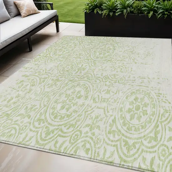 Artichoke Green And Ivory Medallion Washable Indoor Outdoor Area Rug Photo 1