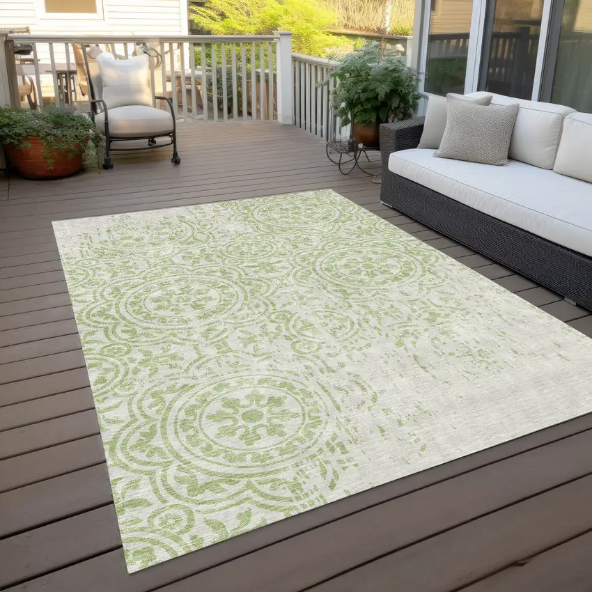 Artichoke Green And Ivory Medallion Washable Indoor Outdoor Area Rug Photo 9