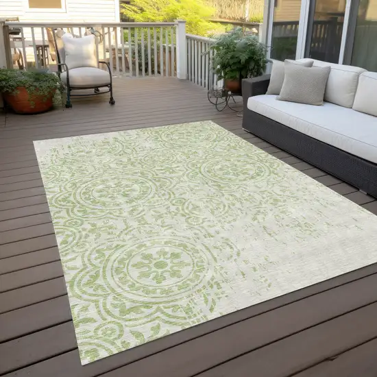 Artichoke Green And Ivory Medallion Washable Indoor Outdoor Area Rug Photo 9