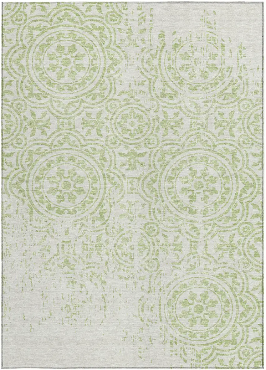 Artichoke Green And Ivory Medallion Washable Indoor Outdoor Area Rug Photo 5