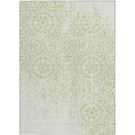 Artichoke Green And Ivory Medallion Washable Indoor Outdoor Area Rug Photo 5