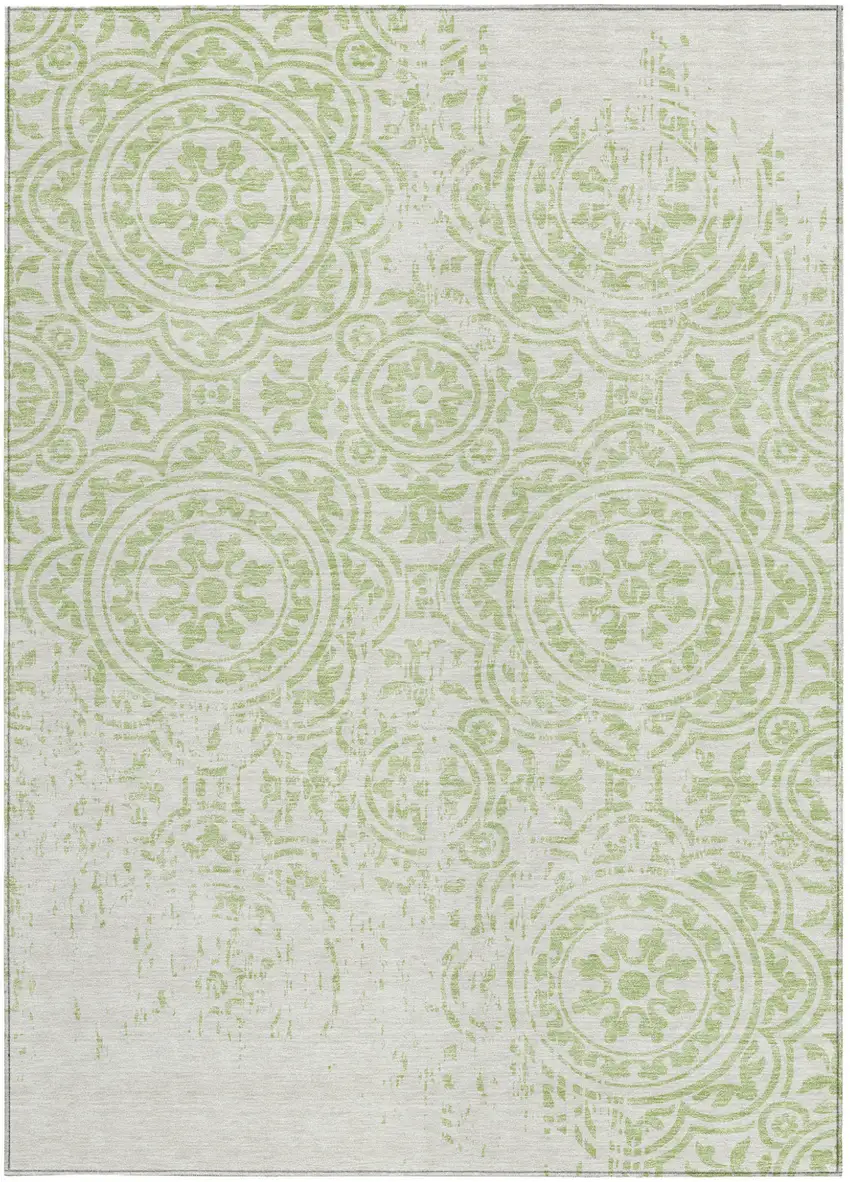 Artichoke Green And Ivory Medallion Washable Indoor Outdoor Area Rug Photo 5