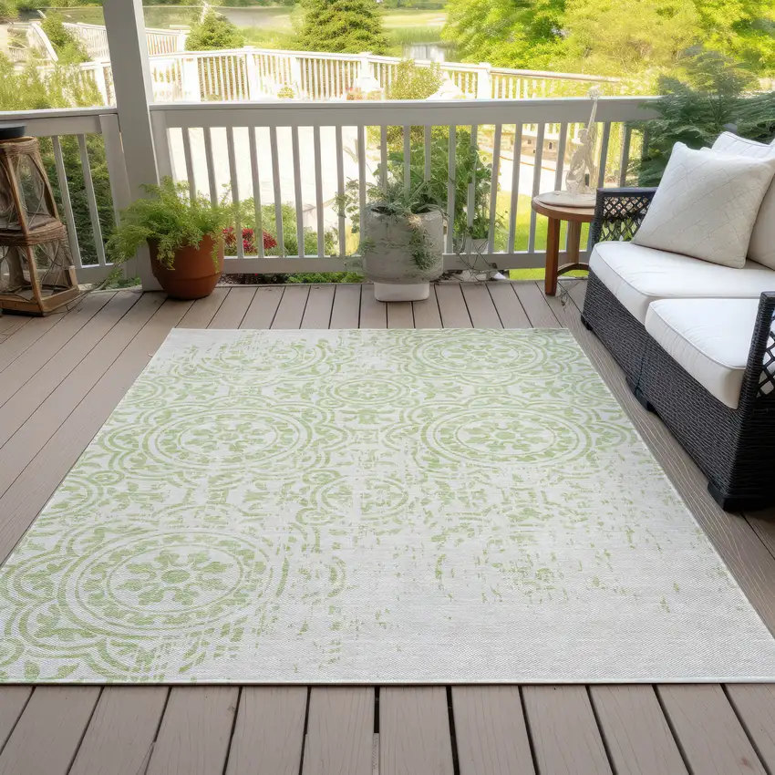 Artichoke Green And Ivory Medallion Washable Indoor Outdoor Area Rug Photo 6