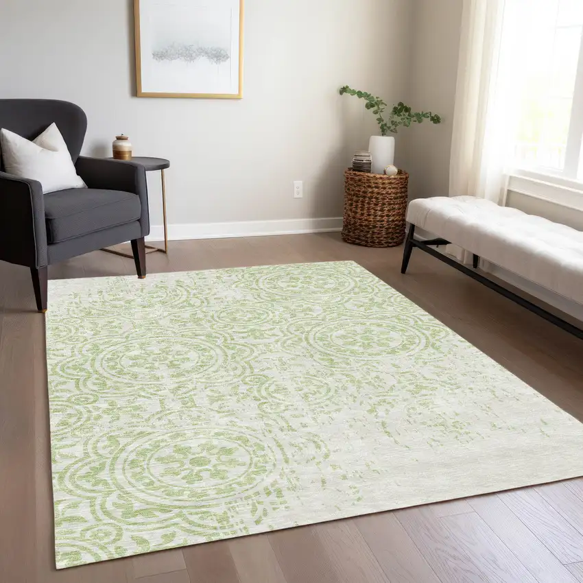 Artichoke Green And Ivory Medallion Washable Indoor Outdoor Area Rug Photo 8